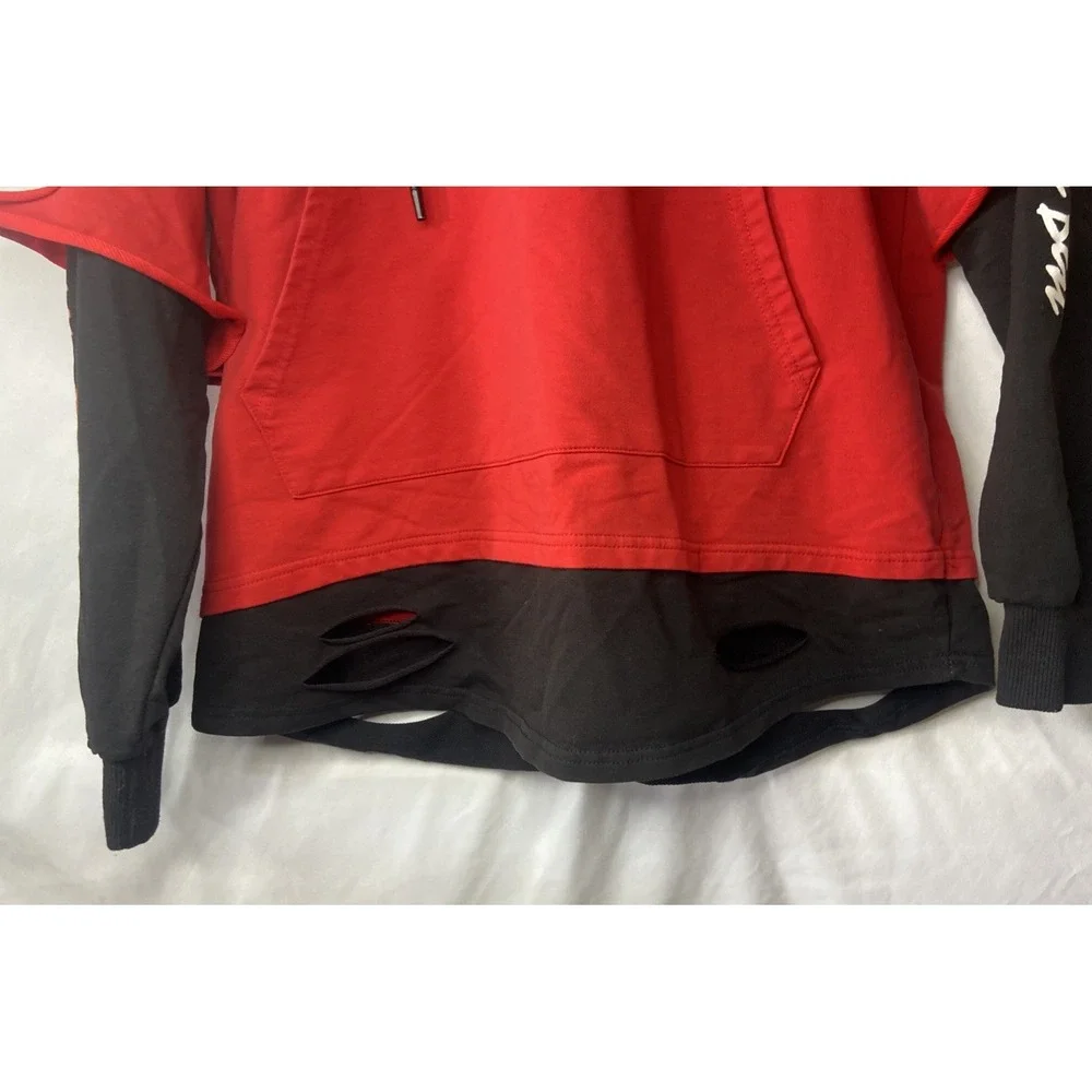 Yuge Fashion Red Black Layered Distressed Graphic Hoodie Mens 3XL Streetwear - Picture 10 of 16